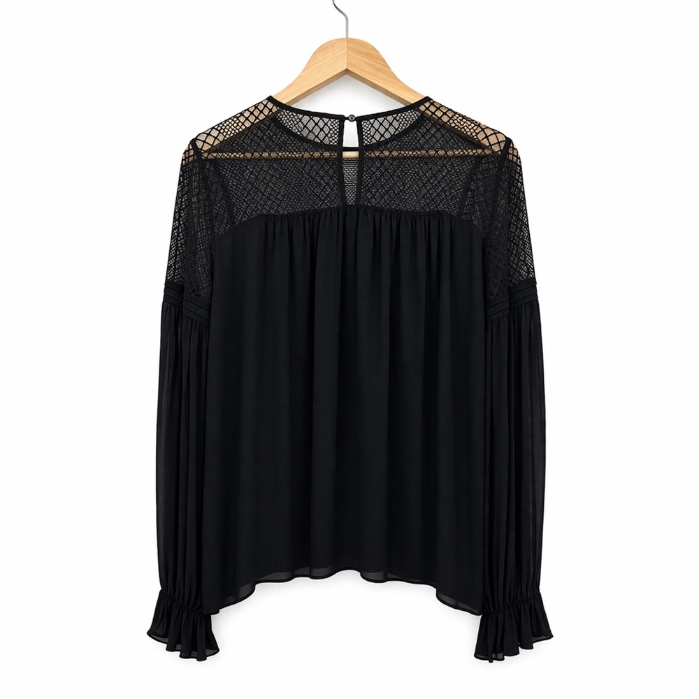 Parker Black Silk Lace Blouse M Sheer Yoke Boho Romantic Long Sleeve Top - Picture 3 of 7
